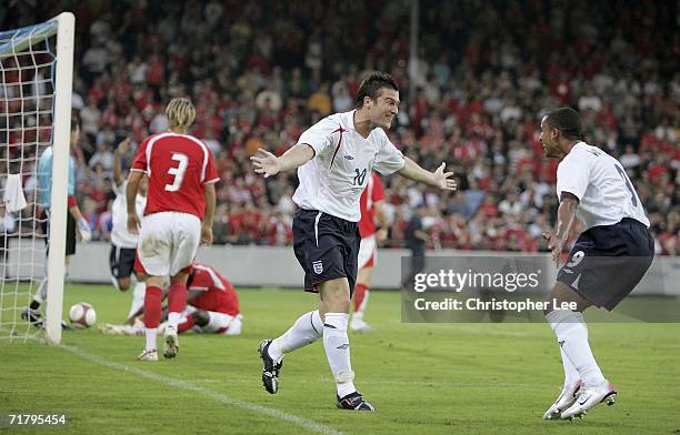 David Nugent of England celebrates scoring their second goal with Theo Walcott during the UEFA Under European 21s Championship Qualifing Group 8...