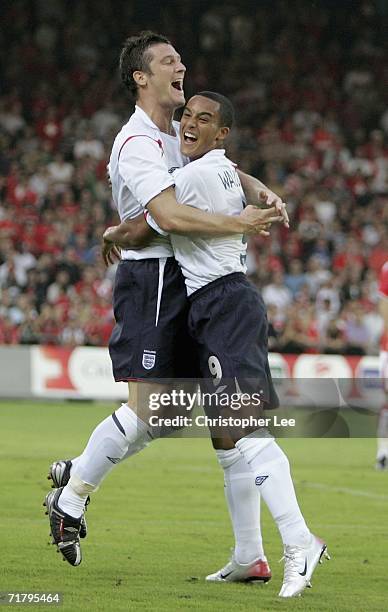 David Nugent of England celebrates scoring their second goal with Theo Walcott during the UEFA Under European 21s Championship Qualifing Group 8...