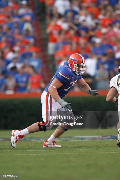 Offensive lineman Phil Trautwein of the University of Florida Gators blocks during the game against the Southern Miss Golden Eagles at Ben Hill...