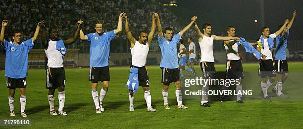 San Marino: Germany's players celebrates after defeating San Marino in their Euro 2008 qualifying football match 06 September 2006 in Serravalle....