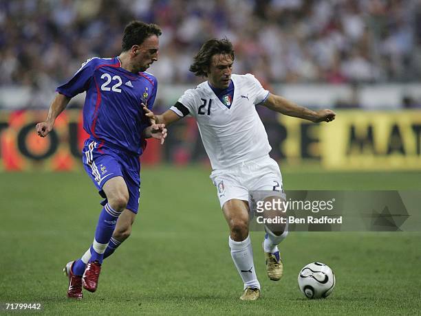 Franck Ribery of France and Andrea Pirlo of Italy during the Group B, Euro 2008 qualifying match between France and Italy at the Stade de France on...