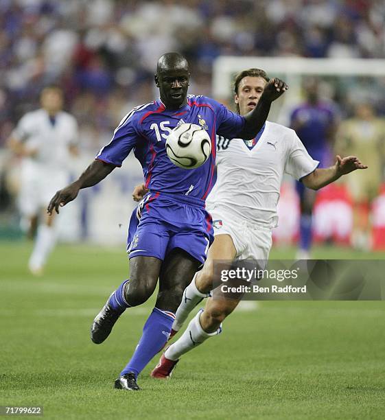 Lilian Thuram of France and Antonio Cassano of Italy in action during the Group B, Euro 2008 qualifying match between France and Italy at the Stade...