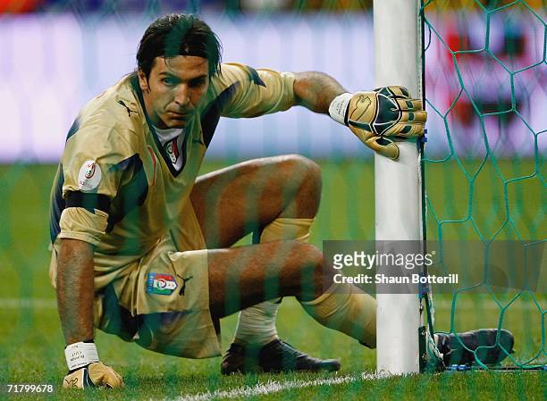 Gianluigi Buffon looks on after conceding the first goal during the Euro2008 Qualifing match between France and Italy at the Stade de France on...