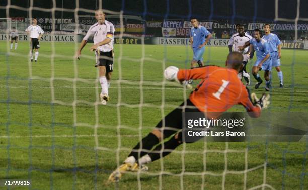 Bernd Schneider of Germany scores the last goal during the UEFA EURO 2008 qualifier between San Marino and Germany at the Olimpico Stadium on...