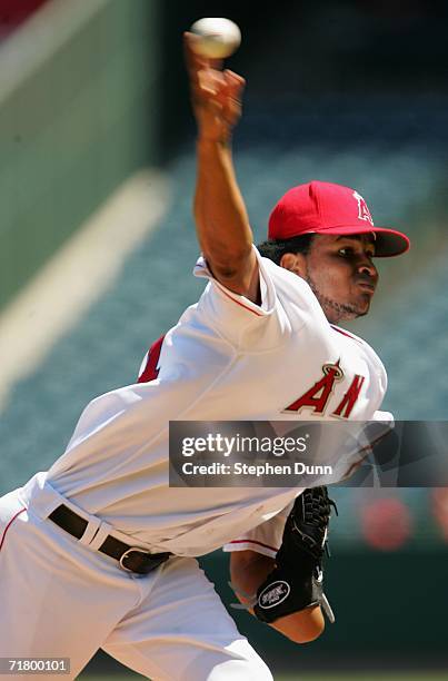 Starting pitcher Ervin Santana of the Los Angeles Angels of Anaheim throws a pitch against the Baltimore Orioles on September 6, 2006 at Angel...