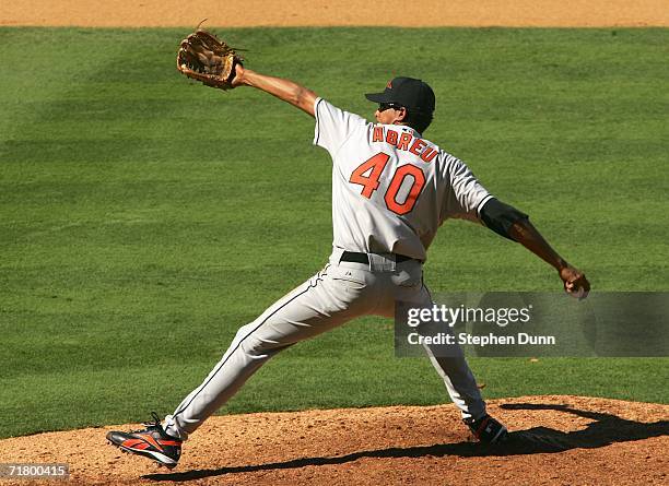 Pitcher Winston Abreu of the Baltimore Orioles throws a pitch against the Los Angeles Angels of Anaheim on September 6, 2006 at Angel Stadium in...