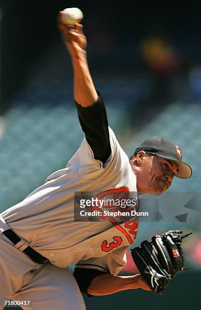 Starting pitcher Daniel Cabrera of the Baltimore Orioles throws a pitch against the Los Angeles Angels of Anaheim on September 6, 2006 at Angel...