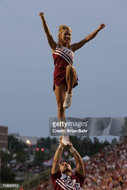 Cheerleaders of the Arkansas Razorbacks perform before the game against the University of Southern California Trojans on September 2, 2006 at Donald...
