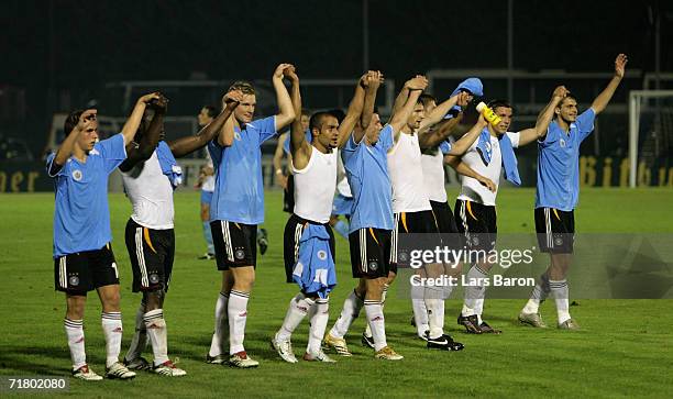 The German players celebrates winning the UEFA EURO 2008 qualifier between San Marino and Germany at the Olimpico Stadium on September 6, 2006 in...