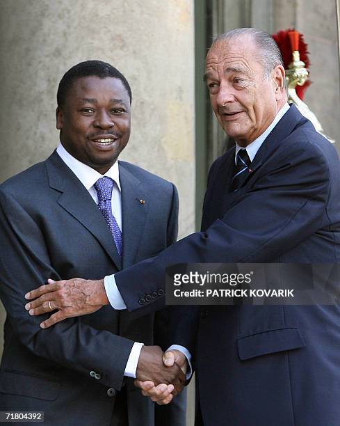 French president Jacques Chirac welcomes his Togolese counterpart Faure Gnassingbe prior to a meeting, 07 September 2006 at the Elysee palace in...