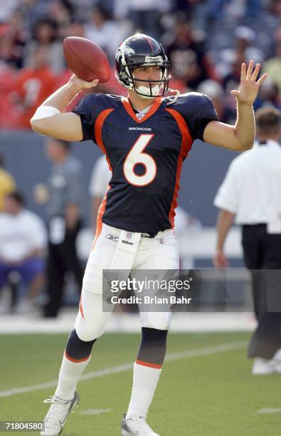 Jay Cutler of the Denver Broncos looks to pass before a preseason game against the Houston Texans on August 27, 2006 at Invesco Field at Mile High in...