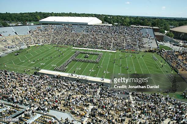 The Purdue University Boilermakers "All-American" Marching Band performs during the half-time show against the Indiana State University Sycamores on...
