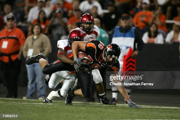 Tight end Joe Newton of the Oregon State Beavers fights for yardage during the game against the Eastern Washington Eagles on August 31, 2006 at Reser...