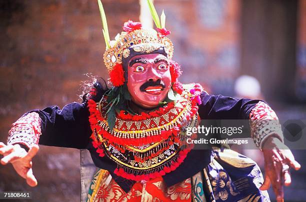close-up of a balinese stage performer performing, bali, indonesia - balinese headdress stock pictures, royalty-free photos & images