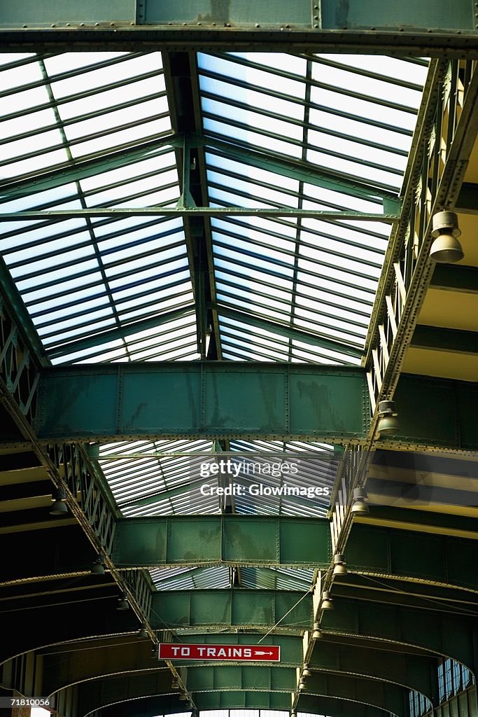 Low angle view of an information board hanging from a ceiling, New York City, New York State, USA