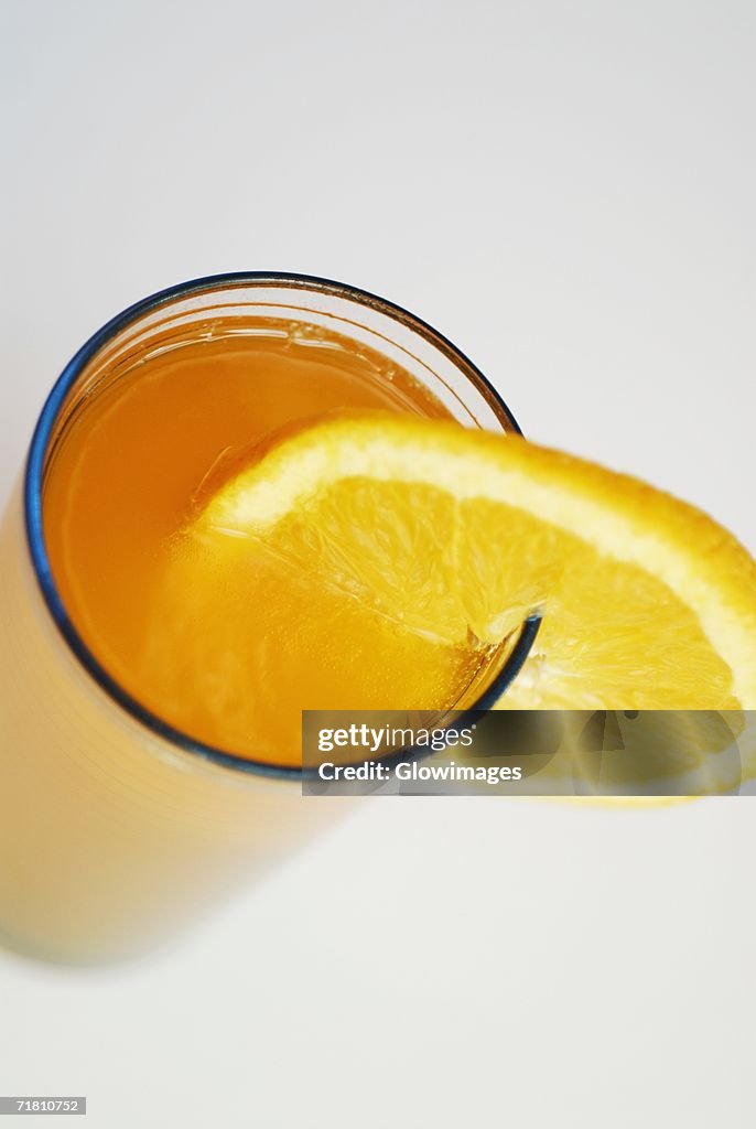 High angle view of orange juice in a glass
