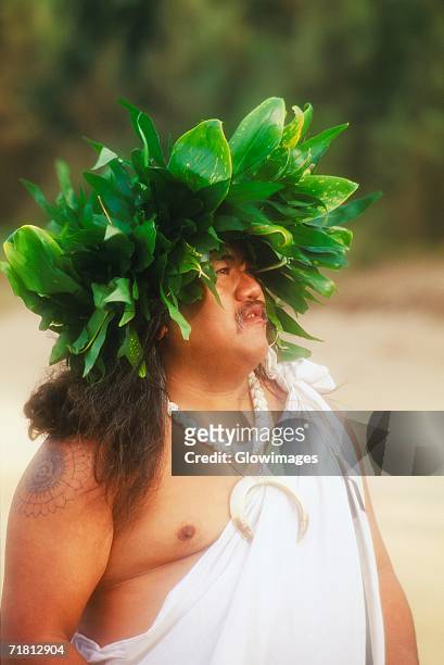 close-up of a mid adult man wearing a headdress, hawaii, usa - headdress stock-fotos und bilder