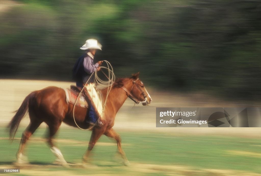 Side profile of a cowboy riding a horse, Texas, USA