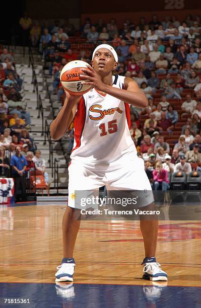 Asjha Jones of the Connecticut Sun prepares to shoot a free throw during a pre-season game against the Detroit Shock at Mohegan Sun Arena on May 7,...