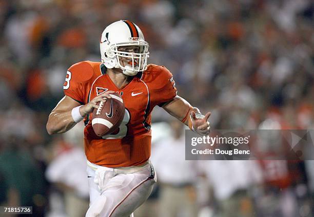 Quarterback Kyle Wright of the University of Miami Hurricanes looks to pass during the game against the Florida State Seminoles at the Orange Bowl...