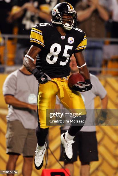 Nate Washington of the Pittsburgh Steelers celebrates a touchdown against the Miami Dolphins during the first game of the NFL season on September 7,...