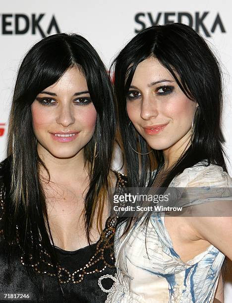 Singers Lisa Origliasso and Jess Origliasso of The Veronicas arrive for the Miss Sixty spring 2007 after party celebration at the Soho Grand Hotel on...