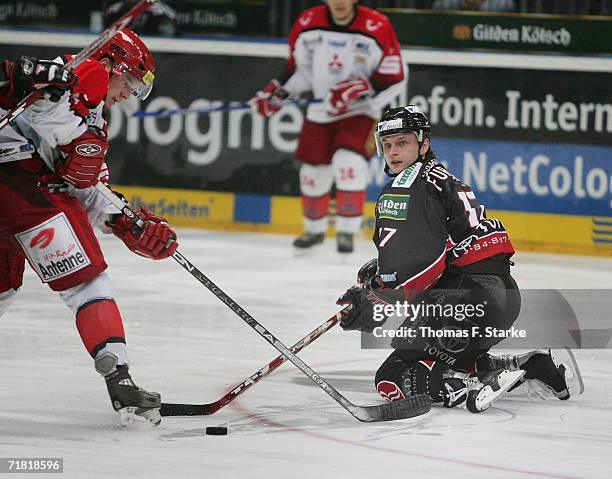 Sebastian Furchner of Cologne in action during the DEL Bundesliga match between Cologne Haie and Hanover Scorpions at the Cologne Arena on September...