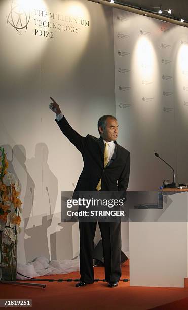 Japanese professor Shuji Nakamura gestures after receiving the 2006 Millennium Technology Prize for life-improving innovations in Helsinki 08...