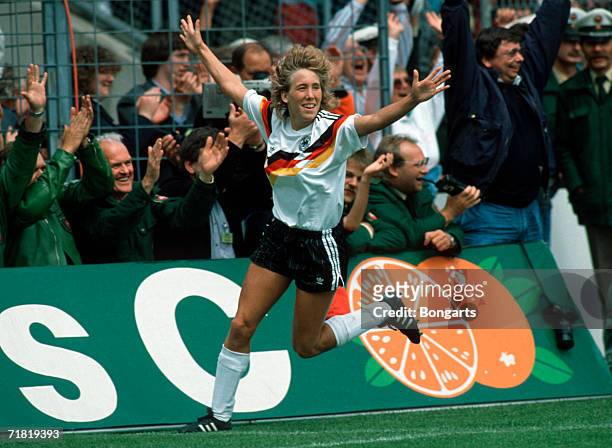 Heidi Mohr of Germany celebrates scoreing the third goal during the women's European Championship final match between Germany and Norway at the...