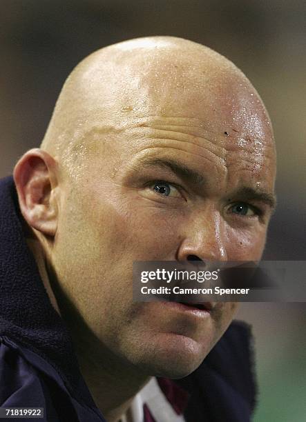 Ben Kennedy of the Sea Eagles looks dejected on the bench during the NRL First Qualifying Final between the Newcastle Knights and the Manly Warringah...