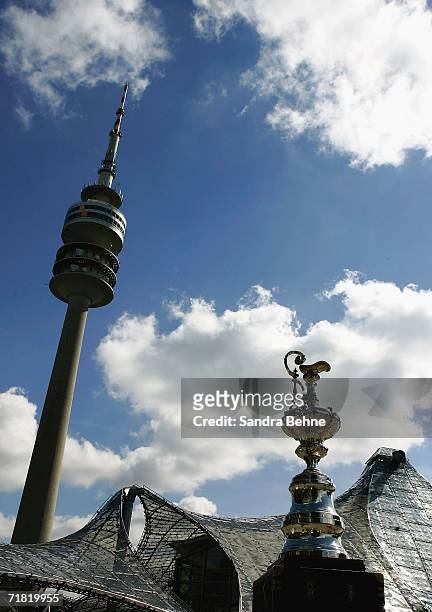 The America`s Cup is seen infront of the Olympic tower during the America's Cup on Tour presentation at the Olympic Park on September 8, 2006 in...