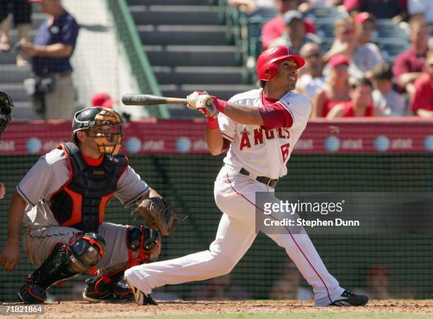 Maicer Izturis of the Los Angeles Angels of Anaheim swings at the pitch during the game against the Baltimore Orioles on September 6, 2006 at Angel...