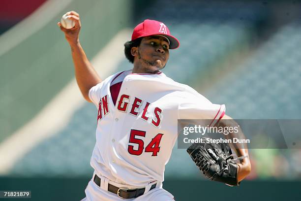 Starting pitcher Ervin Santana of the Los Angeles Angels of Anaheim throws a pitch against the Baltimore Orioles on September 6, 2006 at Angel...