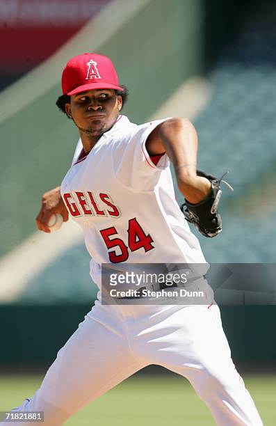 Starting pitcher Ervin Santana of the Los Angeles Angels of Anaheim throws a pitch against the Baltimore Orioles on September 6, 2006 at Angel...