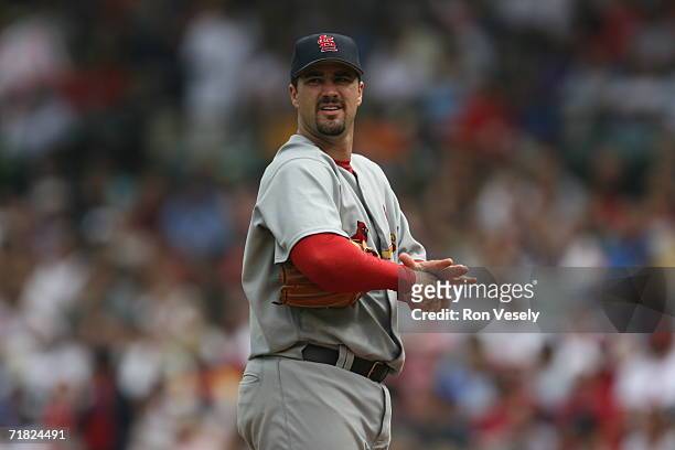 Jeff Suppan of the St. Louis Cardinals pitches during the game against the Chicago Cubs at Wrigley Field in Chicago, Illinois on August 19, 2006. The...