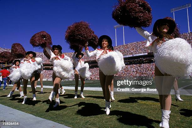 The Phoenix Cardinals cheerleaders perform during a game against the Washington Redskins at Sun Devil Stadium on September 25, 1988 in Tempe,...