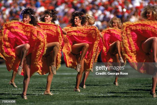 The 49ers Cheerleaders perform during a game between Denver Broncos and the San Francisco 49ers at Candlestick Park on October 9, 1988 in San...