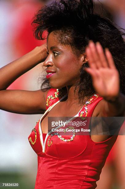 Member of the 49ers cheerleaders performs during a game between Minnesota Vikings and the San Francisco 49ers at Candlestick Park on October 30, 1988...