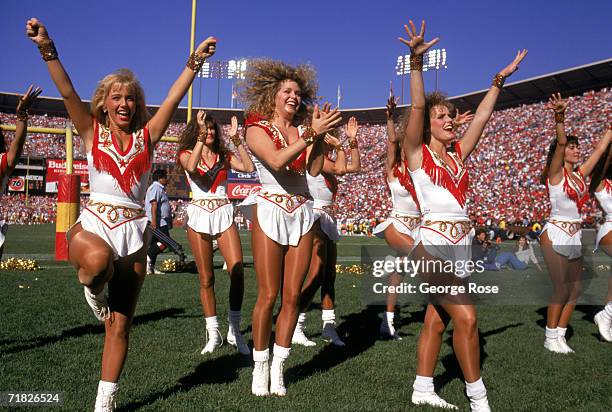 The 49ers Cheerleaders perform during a game between Pittsburgh Steelers and the San Francisco 49ers at Candlestick Park on October 21, 1990 in San...