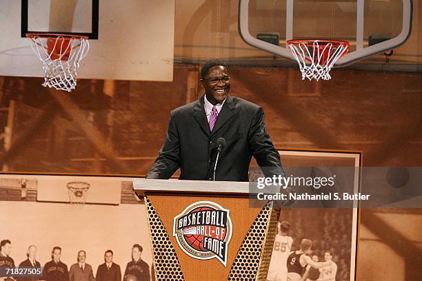 Hall of Fame inductee Dominique Wilkins speaks to the crowd during the 2006 Basketball Hall of Fame induction ceremony on September 8, 2006 at the...