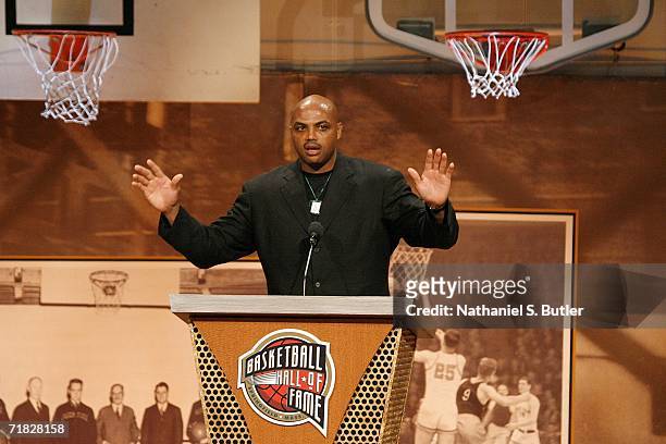 Hall of Fame inductee Charles Barkley speaks to the crowd during the 2006 Basketball Hall of Fame induction ceremony on September 8, 2006 at the...