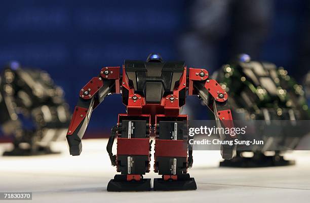 Robonova-I" dances during the "2006 Robot Show" at the Kintex centre on September 9, 2006 in Goyang, South Korea. Robonova-I can sit down, stand on...