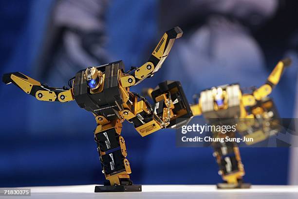 Robonova-I" dances during the "2006 Robot Show" at the Kintex centre on September 9, 2006 in Goyang, South Korea. Robonova-I can sit down, stand on...