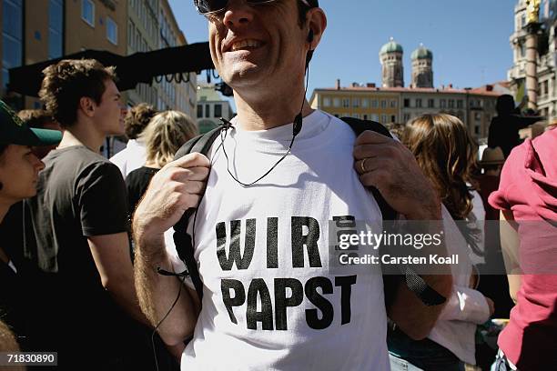 Pilgrim wear shirt with print "Wir sind Papst" means "We are pope" on September 9, 2006 durung the pope visit in Munich, Germany. The Bavarian...