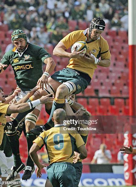 Dan Vickerman of the Wallabies wins a line-out during the Tri-Nations match between South Africa and Australia at Ellis Park stadium on September 9,...