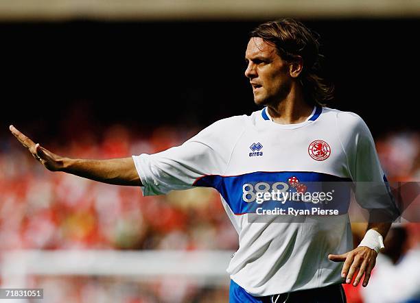 Jonathan Woodgate of Middlesbrough in action during the Barclays Premiership match between Arsenal and Middlesbrough at The Emirates Stadium on...