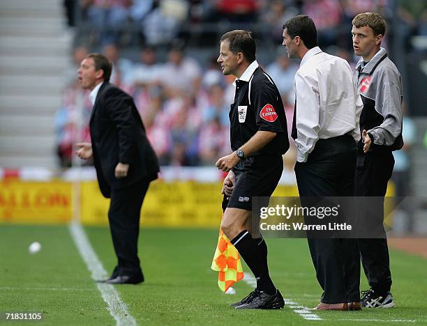 Sunderland manager Roy Keane speaks with the line assistant during the Coca-Cola Championship match between Derby County and Sunderland at Pride Park...