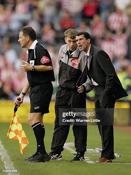 Sunderland manager Roy Keane speaks with the line assistant during the Coca-Cola Championship match between Derby County and Sunderland at Pride Park...