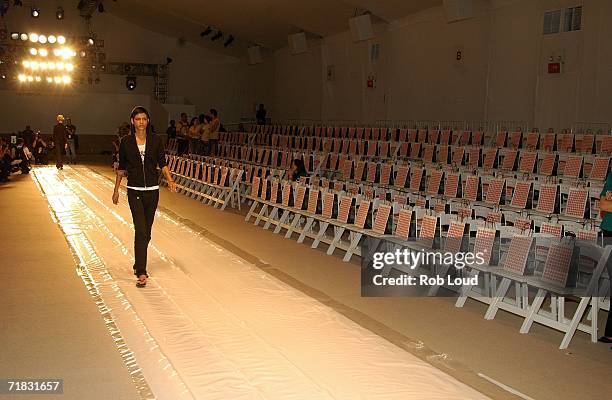 Model practices walking the runway before the Academy Art University Spring 2007 fashion show during Olympus Fashion Week at The Promenade in Bryant...