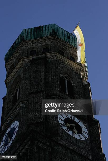 The Pope's flag, fixed at the tower of The Cathedral of Munich, waves in the wind during the visit of Pope Benedict XVI on September 9, 2006 in...